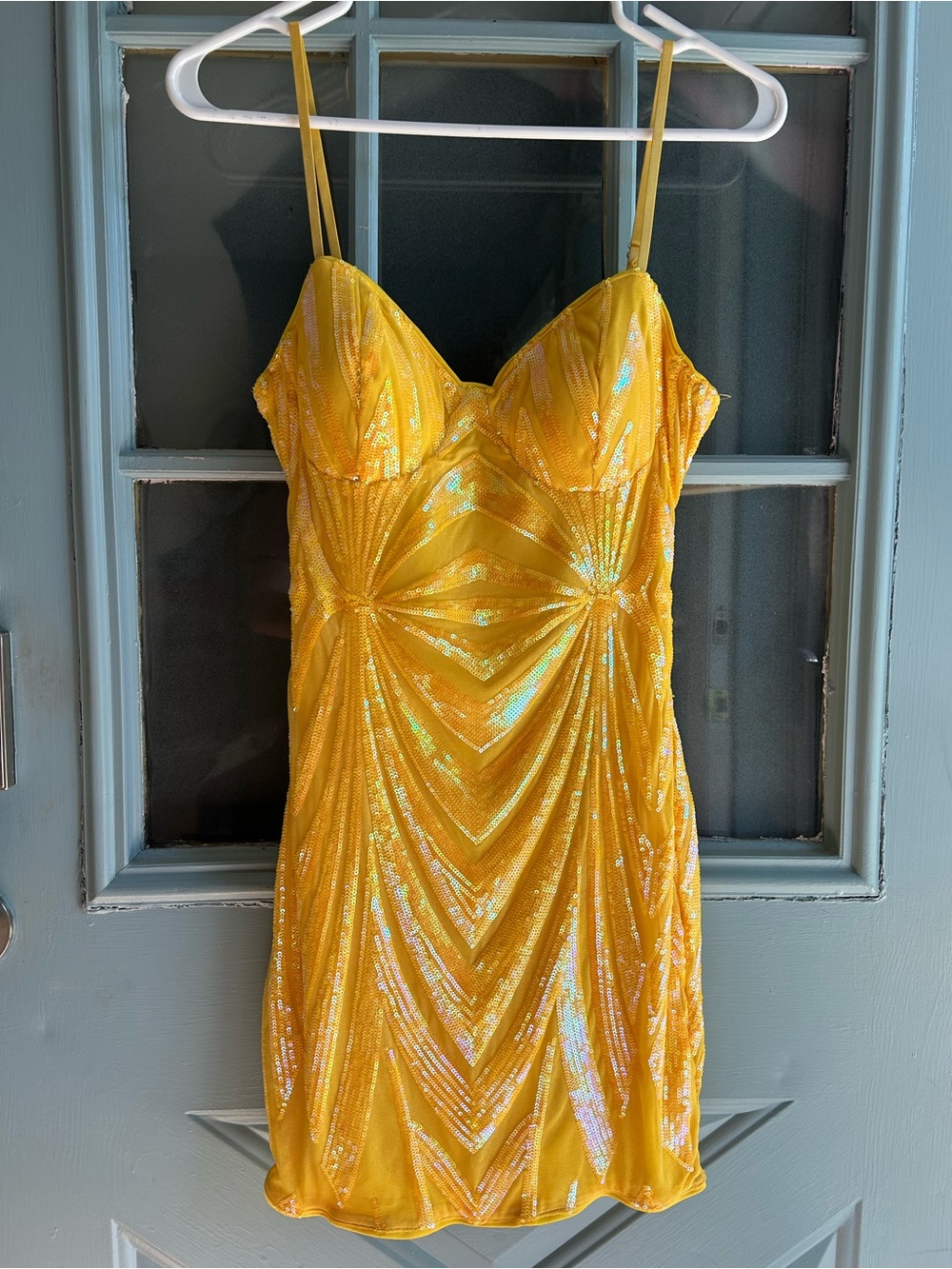 NWT Fashion Nova Jazmine Mini Sequin Mesh Cutout Adjust Strap Dress Yellow Gold